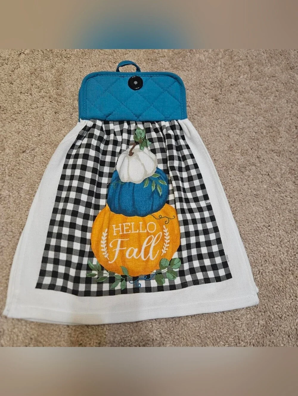 2 Handcrafted Potholders Attached To Towels | Teal, White + Black | Hello Fall